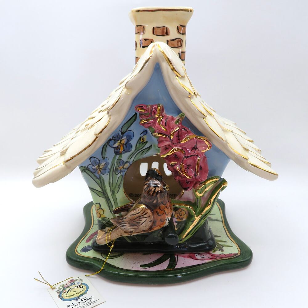 Blue Sky Clayworks Birdhouse Cottage Tea Light Holder w/ Tile Base 2003 Luminary